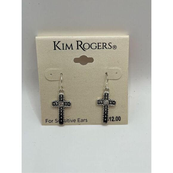 Kim Rogers Cross Silver Tone Antique Textured Dangle Earrings - Picture 3 of 7